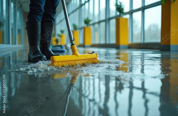 Fototapeta Worker in boots mops water on flooded office floor. Person cleans up spill using yellow broom in modern building hallway. Interior needs maintenance after leak or storm.