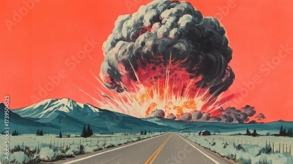 Fototapeta A dramatic illustration of an explosion against a vibrant sunset backdrop, featuring mountains and a road leading toward the scene.