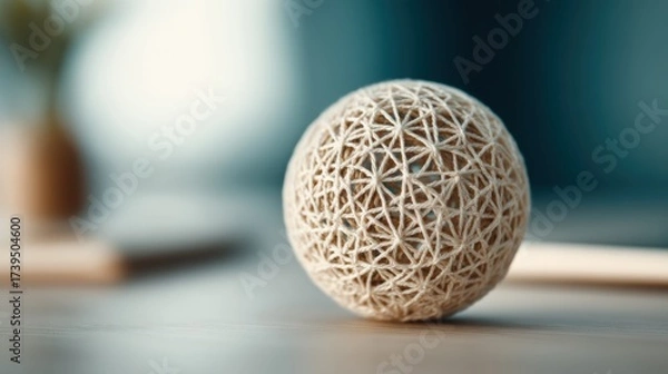 Fototapeta A textured decorative sphere made of intertwined string, placed on a wooden surface, with soft lighting in the background.