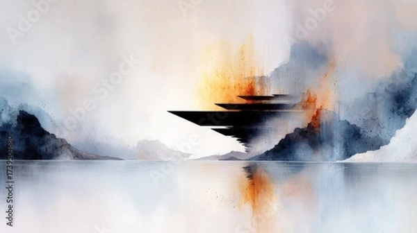 Fototapeta A surreal landscape featuring floating geometric shapes above a tranquil water surface, surrounded by ethereal clouds and vivid colors.