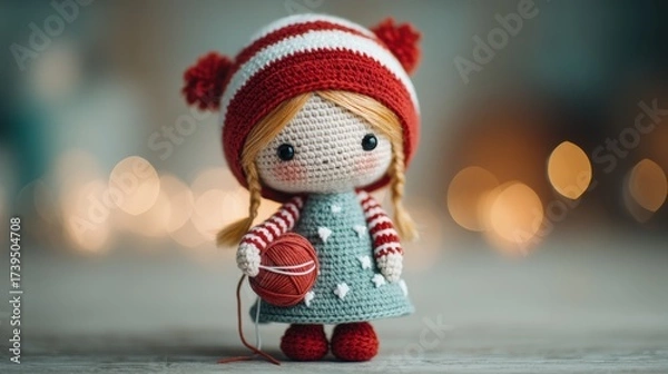 Fototapeta A cute, handcrafted doll with a striped hat holds a ball of yarn, surrounded by a softly blurred, warm background of lights.