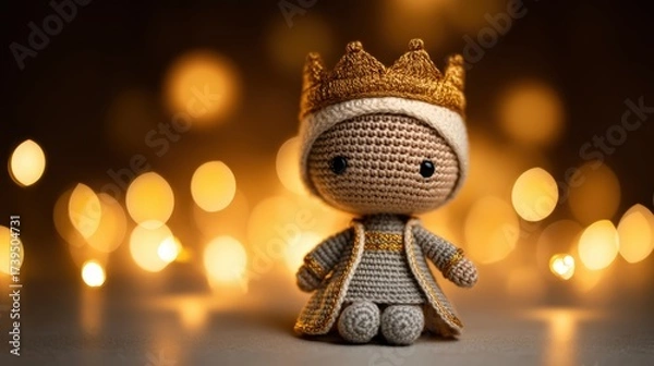 Fototapeta A cute crocheted doll wearing a crown, set against a backdrop of warm, glowing lights, creating a whimsical and enchanting atmosphere.