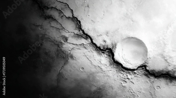 Fototapeta A stark black-and-white depiction of a lunar surface, highlighting craters and cracks, evoking a sense of desolation and the mysteries of space.