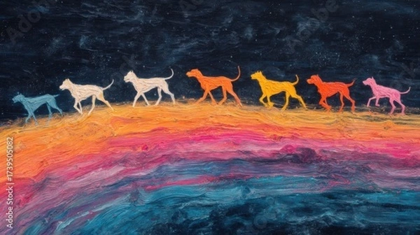 Fototapeta A vibrant artistic depiction of colorful dogs walking across a cosmic landscape, blending elements of space and imagination.