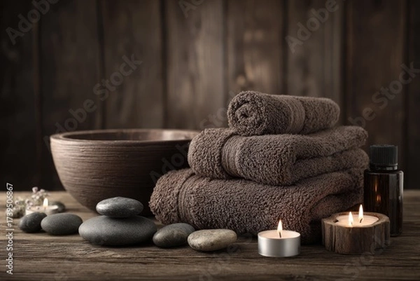 Obraz Spa still life on wood towels, bowl, candles, stones, and oil bottle create a tranquil scene