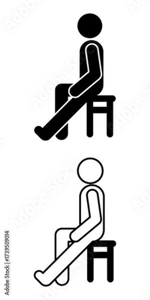 Fototapeta Black and white pictogram of a person on a chair starting a one-leg stretch. Shown in solid and line art. Ideal for fitness, posture correction, workplace health, and physical therapy.