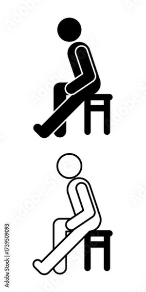 Fototapeta Black and white pictogram of a person sitting and performing a one-leg stretch, available in line art and solid styles. Ideal for exercise, posture training, and workplace wellness.