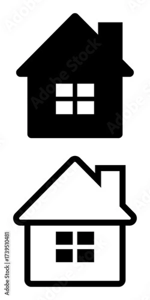 Fototapeta Black and white house icon with triangular roof, chimney, and window. Suitable for logistics and delivery address illustrations, as well as real estate and home design concepts.