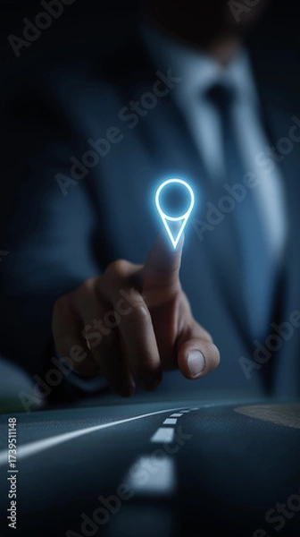 Fototapeta Businessman Touching Location Pin Icon Representing Business Logistics, Branch Management, Market Expansion, Vertical