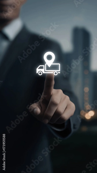 Fototapeta Businessman Touching Delivery Truck and Location Icon on Digital Interface, Representing Logistics Management, Shipment Tracking, Supply Chain Efficiency and Global Business Delivery