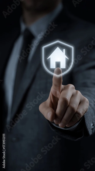 Fototapeta Businessman Touching House and Shield Icons Representing Home Insurance, Property Protection, Real Estate Security, Residential Safety and Risk Management, Vertical