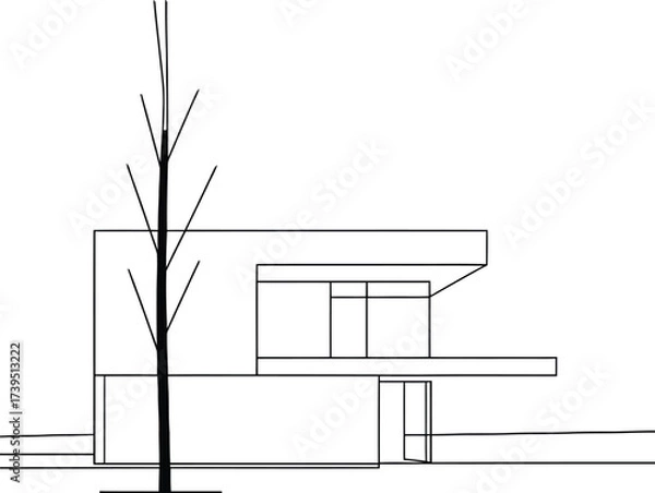 Fototapeta Modern Minimal House Line Art with Tree and Architectural Outline, architecture elevation
