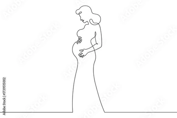 Fototapeta Continuous one line drawing  pregnant woman on a walk. Pregnant woman in late pregnancy,full-length. Motherhood. Line art.One continuous line isolated illustration.Not AI.