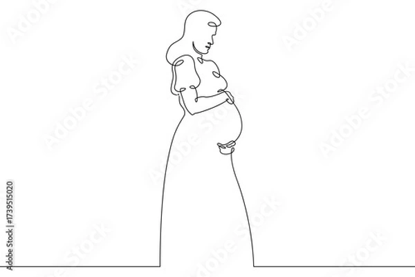 Fototapeta Continuous one line drawing  pregnant woman on a walk. Pregnant woman in late pregnancy,full-length. Motherhood. Line art.One continuous line isolated illustration.Not AI.
