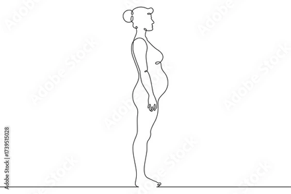 Fototapeta Continuous one line drawing  pregnant woman on a walk. Pregnant woman in late pregnancy,full-length. Motherhood. Line art.One continuous line isolated illustration.Not AI.