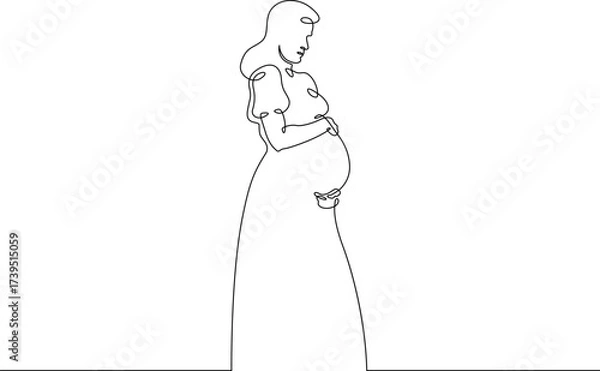 Fototapeta Continuous one line drawing  pregnant woman on a walk. Pregnant woman in late pregnancy,full-length. Motherhood. Line art.One continuous line isolated illustration.Not AI.