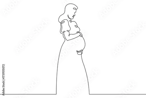 Fototapeta Continuous one line drawing  pregnant woman on a walk. Pregnant woman in late pregnancy,full-length. Motherhood. Line art.One continuous line isolated illustration.Not AI.