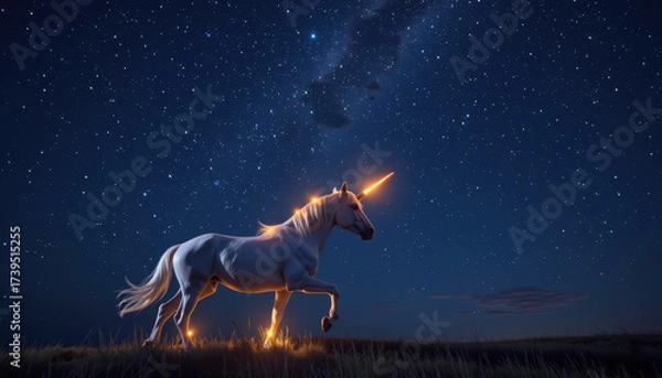 Obraz Magical unicorn glowing under starry night sky, fantasy creature standing on grass, enchanting and mystical atmosphere