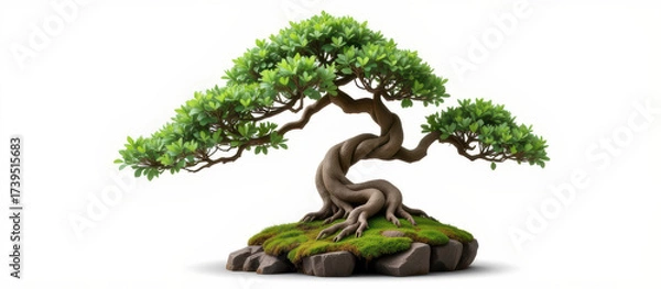 Obraz Ancient twisted bonsai tree on mossy rock with lush green leaves, serene miniature landscape
