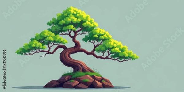 Obraz Stylized bonsai tree with twisted trunk and bright green foliage, serene mood