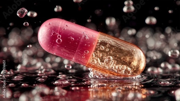 Fototapeta Close-up of transparent pill capsule dissolving in water, medical science concept, high resolution macro shot