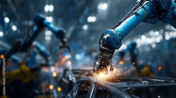Fototapeta Robotic arm assembling car parts in modern factory, sparks flying, concept of automation and technology