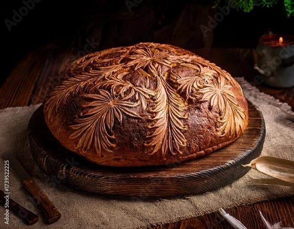 Fototapeta Artisan Bread with Intricate Floral Design on a Rustic Wooden Board, Lit by Candlelight in a Warm, Dark Setting