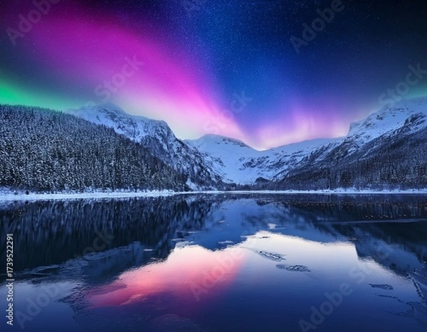 Fototapeta Aurora Borealis Over Snowy Mountains Reflected in Calm Waters Under a Starry Night Sky