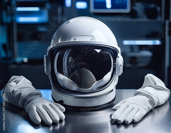 Fototapeta Astronaut's Ready: Space Helmet and Gloves Prepared for Exploration, a Vision of Futuristic Space Travel and Discovery