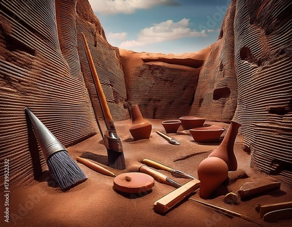 Fototapeta Clay Dreams: Pottery Tools and Vessels in a Woven Landscape Under a Bright, Distant Sky