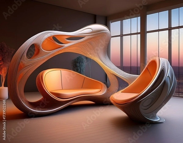 Fototapeta Contemporary Living Space Featuring Sculptural Seating, Natural Light and Warm Tones Creating an Inviting Ambiance