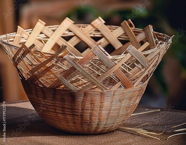 Fototapeta Handcrafted Wicker Basket with Intricate Lattice Weave: A Study in Traditional Craftsmanship and Rustic Elegance.