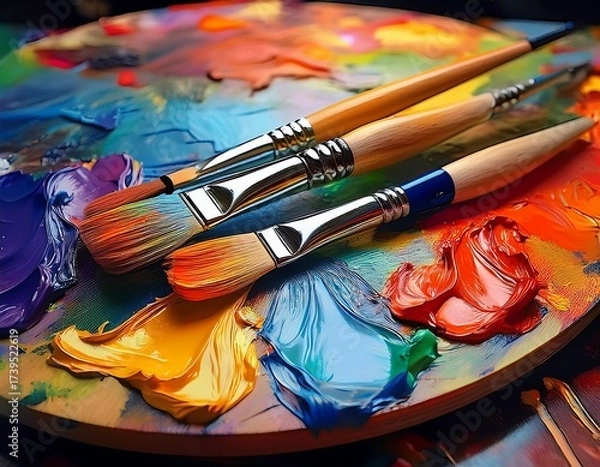 Fototapeta Palette of Creativity: Vibrant Paints and Brushes Ready for Artistic Expression and Imaginative Creation