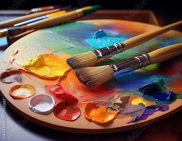 Fototapeta Palette of Creativity: A Close-Up View of Vibrant Paint Colors and Brushes Ready for Artistic Expression