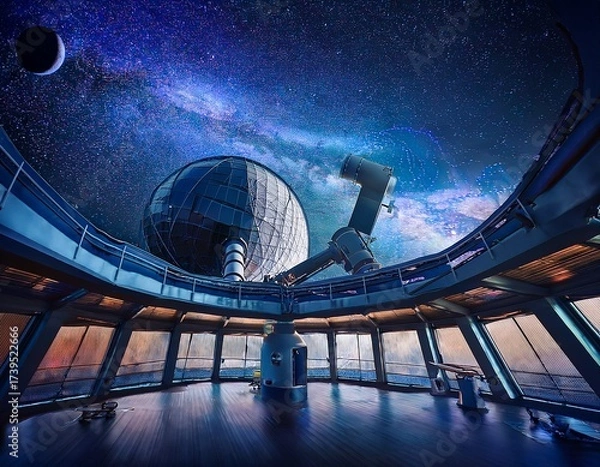 Fototapeta Reaching for the Stars: An Observatory Interior Under a Cosmic Sky with Dome, Telescope and Milky Way View