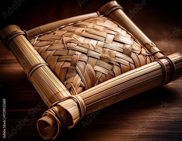 Fototapeta Woven Bamboo Basket with Geometric Frame on Dark Wood, Close-up of Natural Craftsmanship and Textural Details