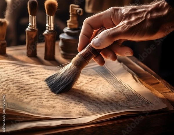 Fototapeta Restoring Ancient Documents: A Careful Hand Applies a Delicate Brush to Preserve Historical Texts and Artifacts