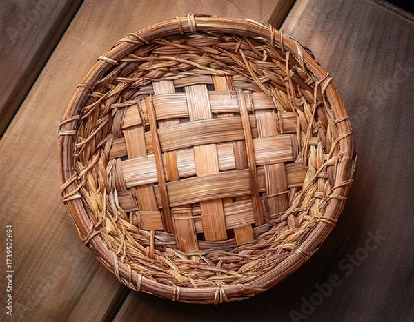 Fototapeta Woven Round Basket on Wooden Surface, Textured Close-Up of Craftsmanship and Rustic Charm in Home Decor