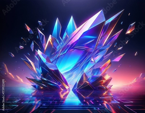 Fototapeta Vibrant Crystal Formation: Abstract Digital Art with Geometric Shapes and Neon Reflections in a Dark Environment