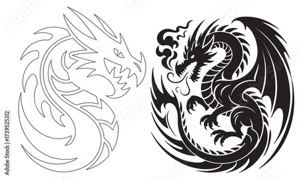 Fototapeta A black dragon vector illustration shows a tribal animal silhouette, perfect as a tattoo design or fantasy art element with a strong, wild shape