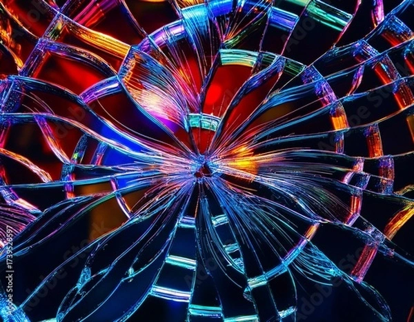 Fototapeta Abstract Shattered Glass Composition with Vibrant Colors, Reflecting Light and Creating Intricate Patterns of Rupture.