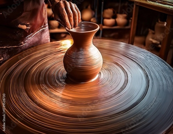 Fototapeta Crafting Beauty: A Potter's Touch Shaping Clay into a Vase on a Spinning Wheel in a Studio