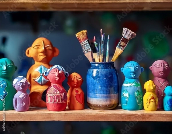 Fototapeta Colorful Ceramic Figurines and Paintbrushes on a Wooden Shelf: A Creative Display of Handmade Art and Art Supplies