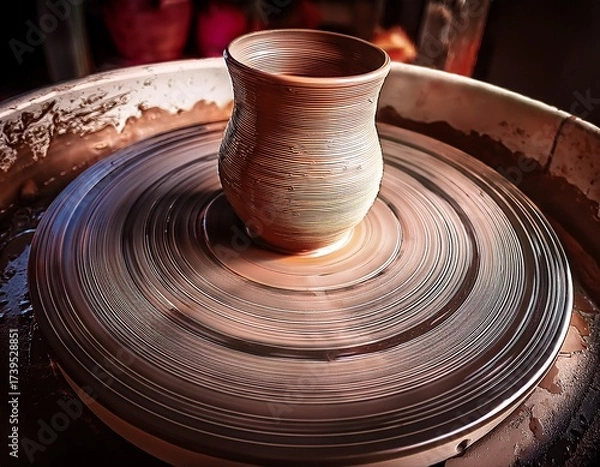 Fototapeta Earthenware Evolving: A Glimpse into the Art of Pottery and the Crafting of a Vessel on the Potter's Wheel