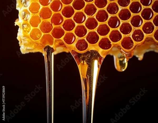 Fototapeta Golden Cascade: Close-up of Dripping Honeycomb Against a Dark Backdrop Reveals Nature's Sweet and Viscous Nectar