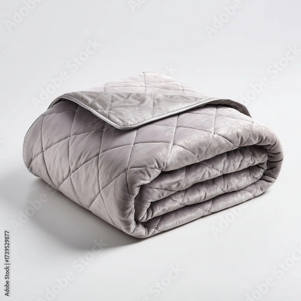 Fototapeta Weighted blanket with quilted pattern in soft grey fabric and glass bead filling on clean white background