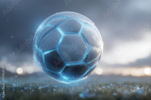 Obraz Glowing glass soccer ball floats above grass field during sunset