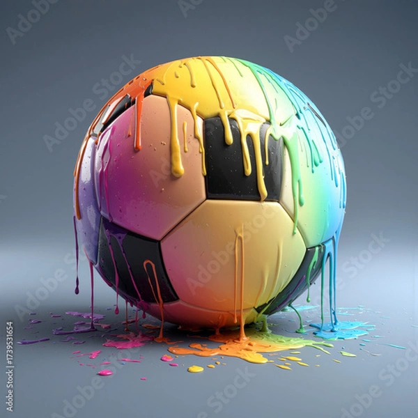 Obraz Colorful soccer ball with paint dripping in vibrant hues on a grey background