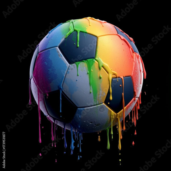 Obraz Colorful soccer ball with paint dripping in vibrant colors against a black background