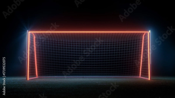Obraz Soccer goal post illuminated with neon glow in a dark setting at night